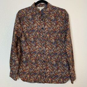 Garnet Hill Womens Button Up Shirt Size 8 Black Ditsy Floral Long Sleeve Cotton